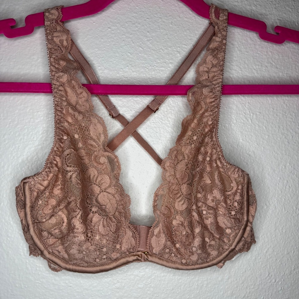 Fleur du Mal Lace Bra Pink 30 38 B Plunge Crisscross Straps